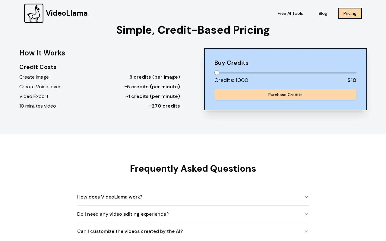 VideoLlama — pricing page
