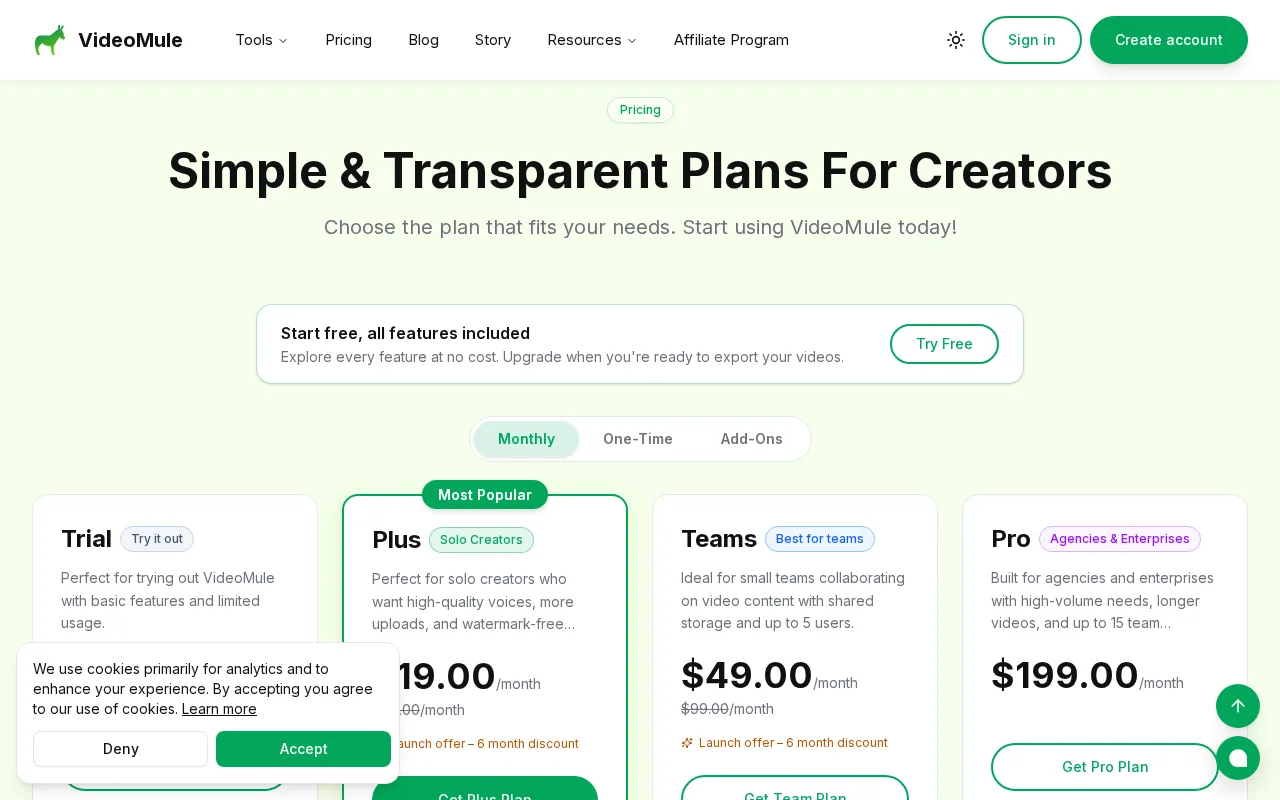 VideoMule — pricing page