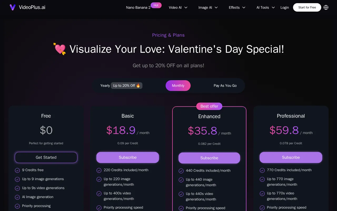 VideoPlus.ai — pricing page