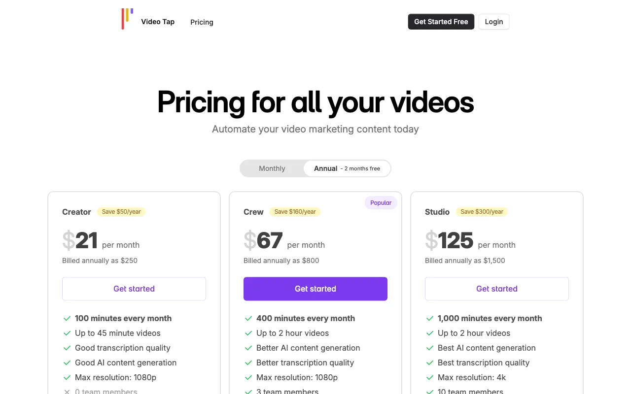VideoTap — pricing page