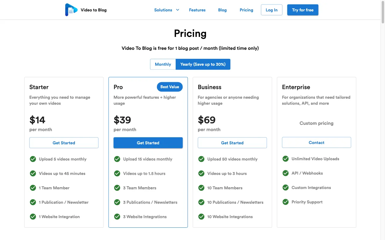 Video to Blog — pricing page