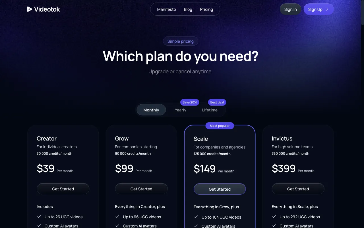 Videotok — pricing page