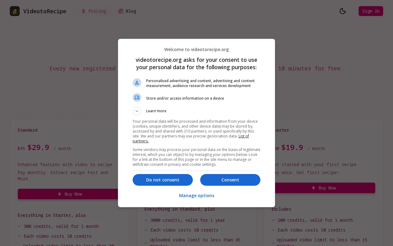 VideoToRecipe.org — pricing page