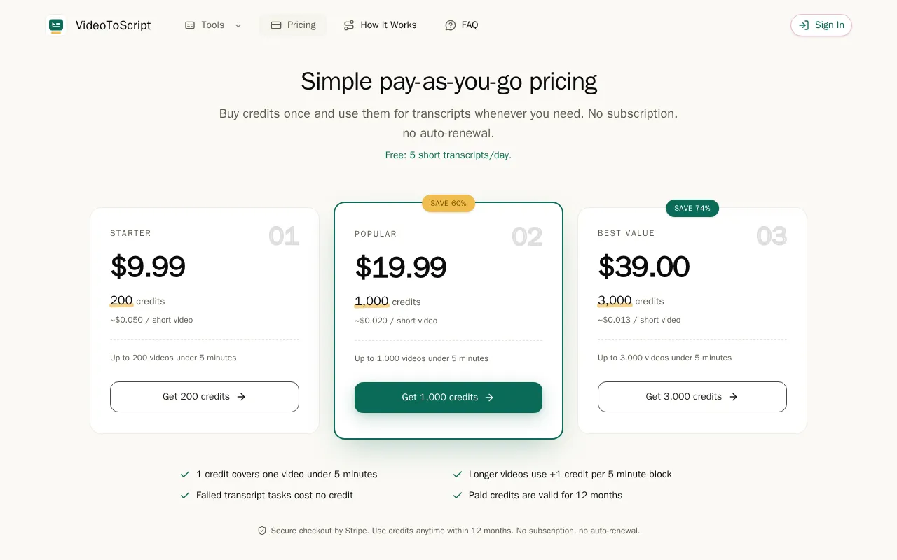 VideoToScript — pricing page