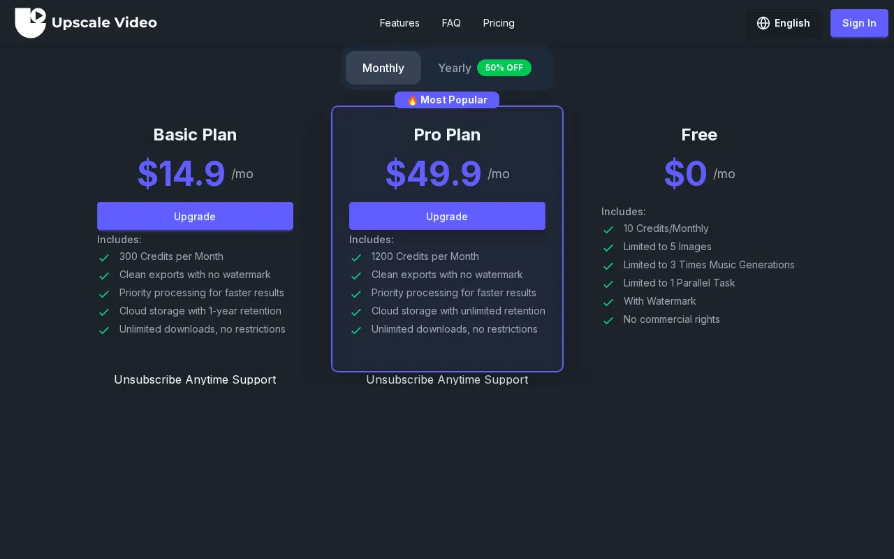 VideoUpscaler.net — pricing page