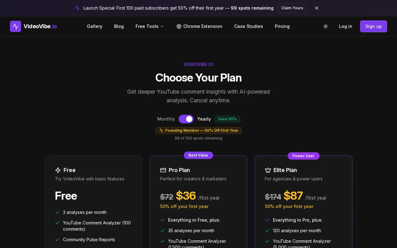 VideoVibe.io — pricing page