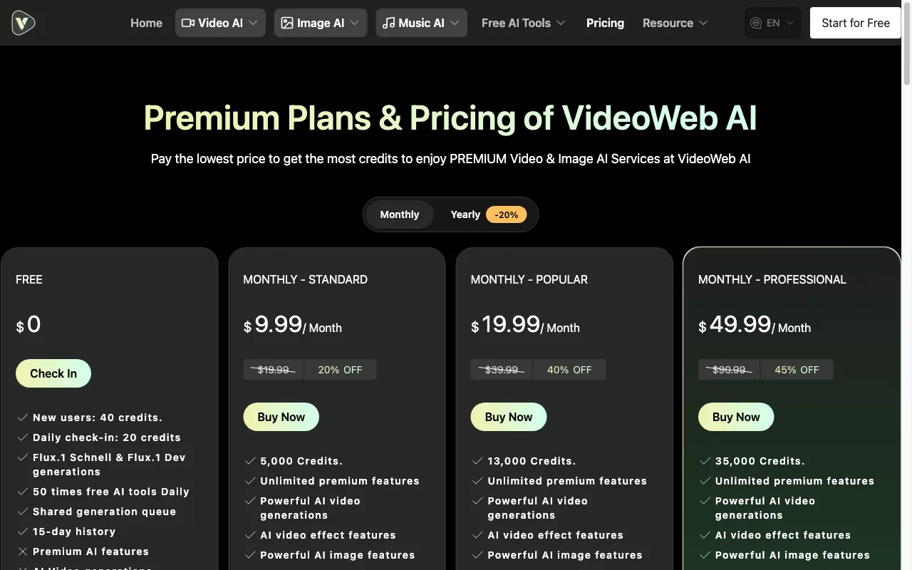 VideoWeb AI — pricing page