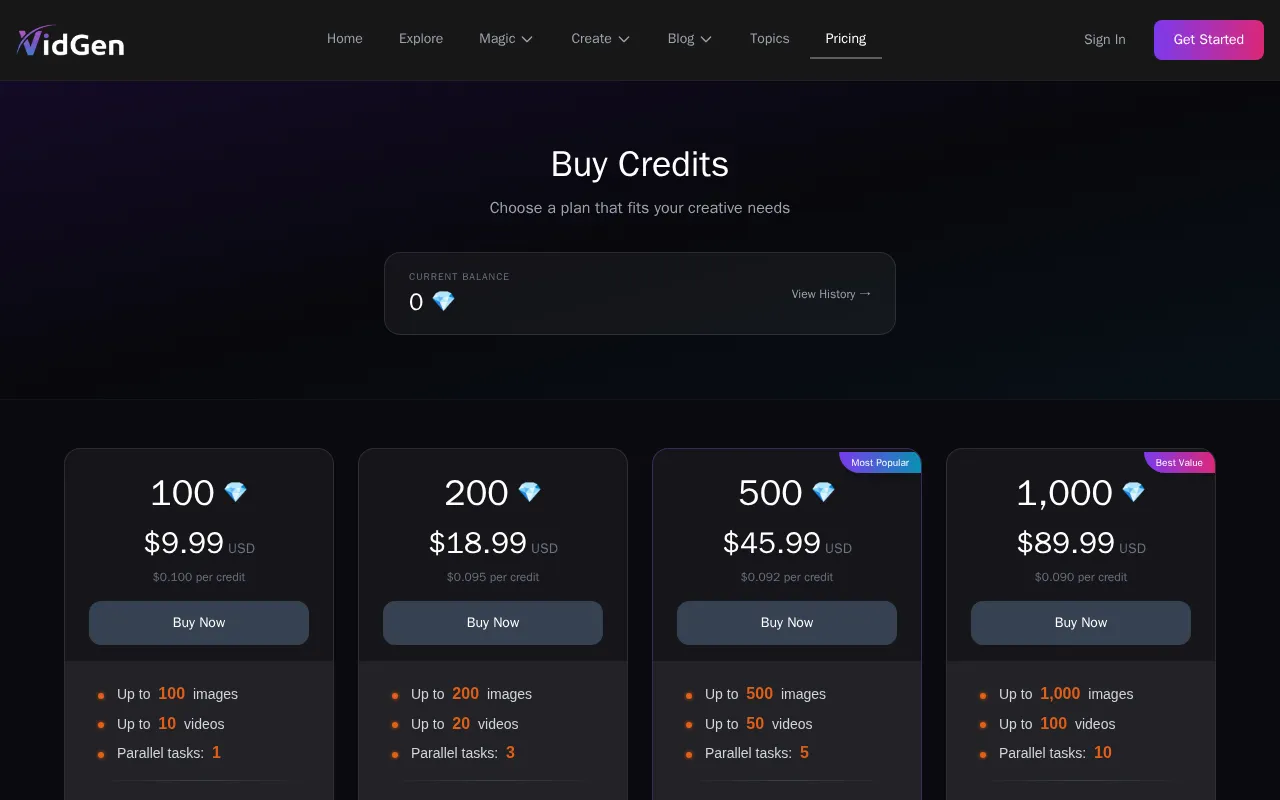 VidGen AI Video Generator — pricing page