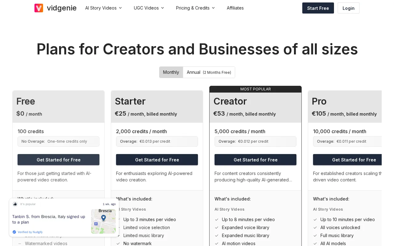 Vidgenie — pricing page
