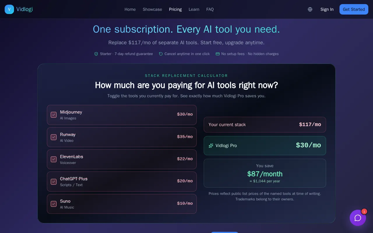 Vidlogi — pricing page