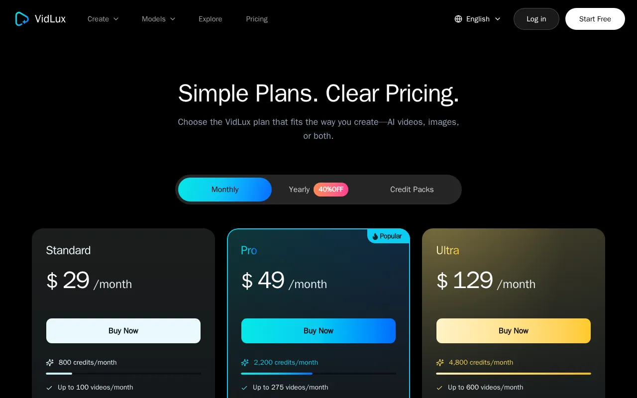 VidLux AI — pricing page