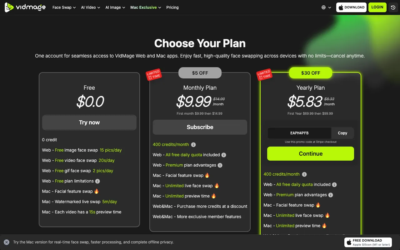 VidMage AI — pricing page