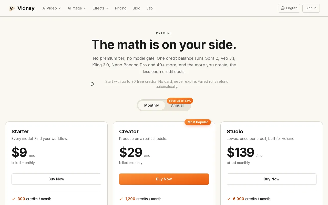 Vidney — pricing page