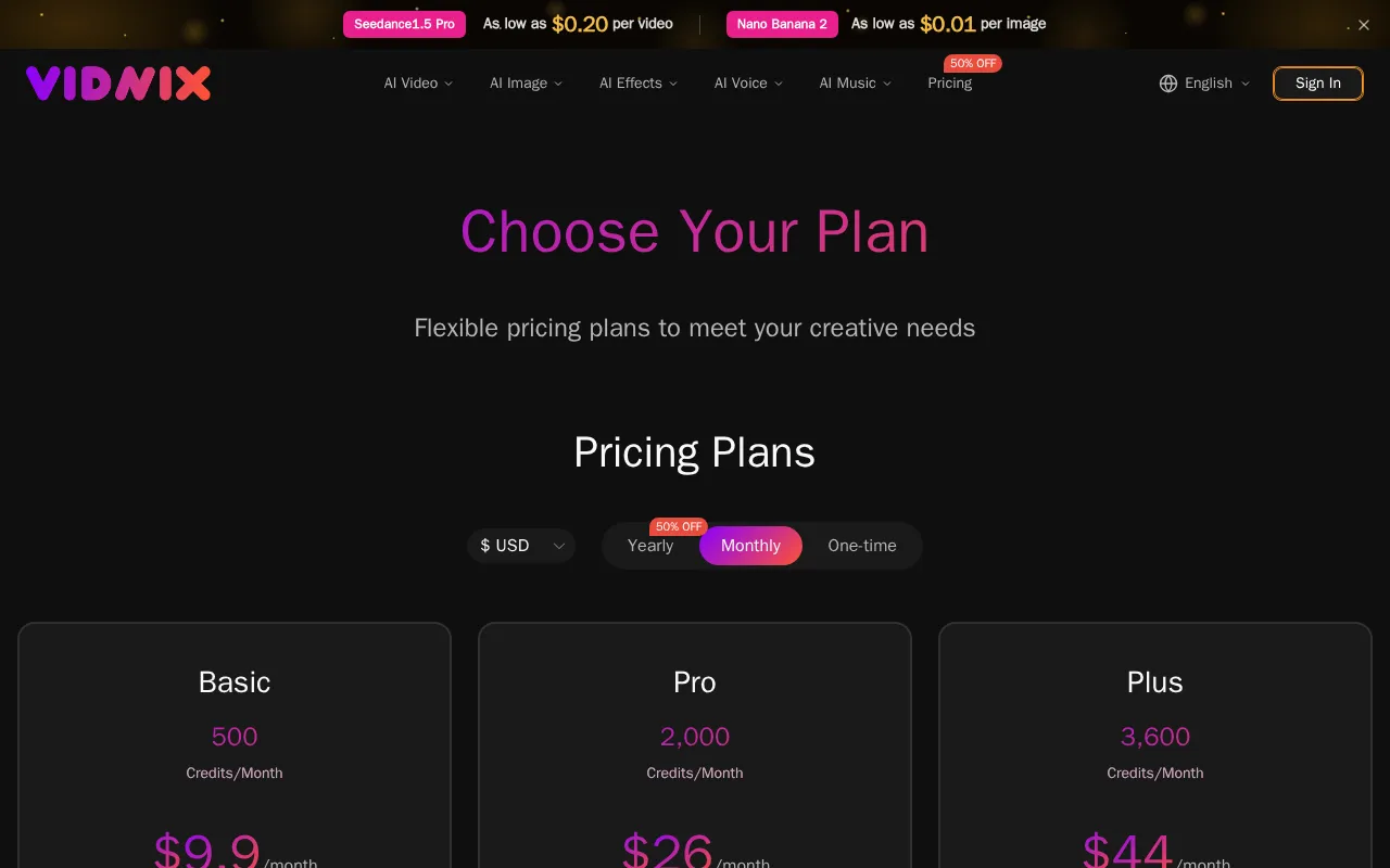 Vidnix AI — pricing page