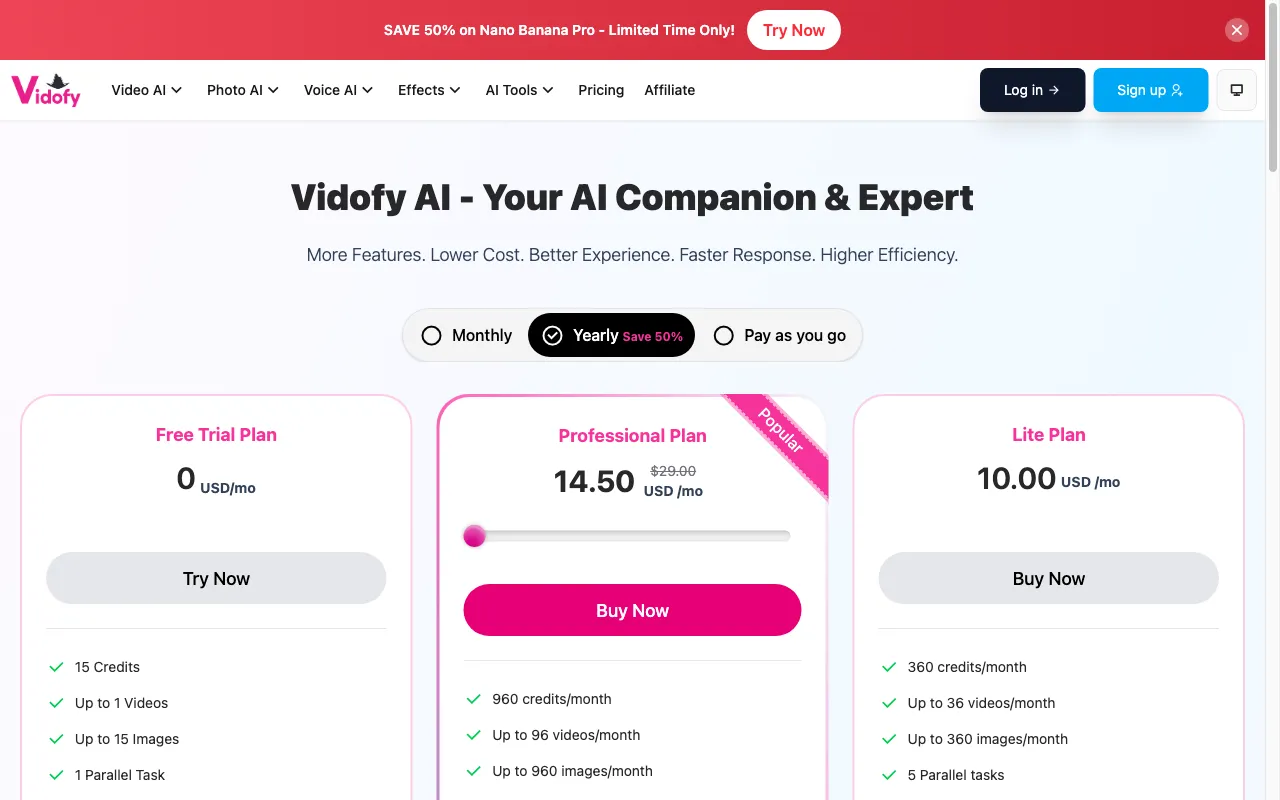 Vidofy — pricing page
