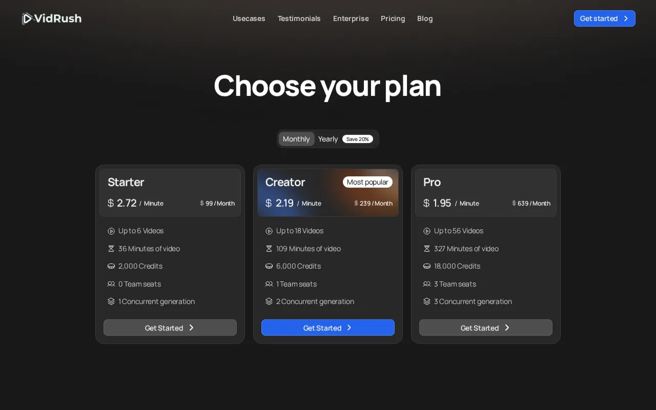Vidrush AI — pricing page