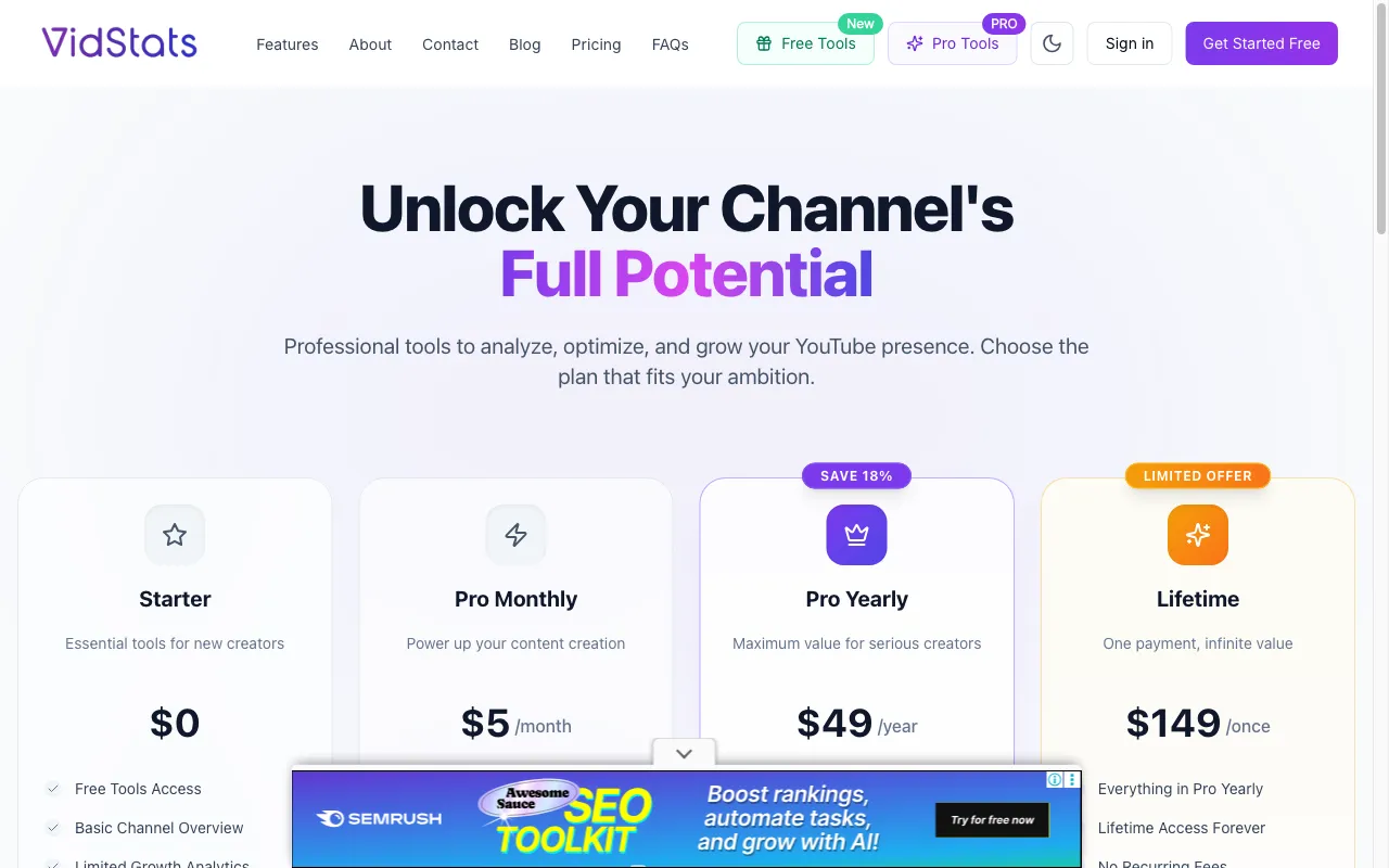 VidStats — pricing page