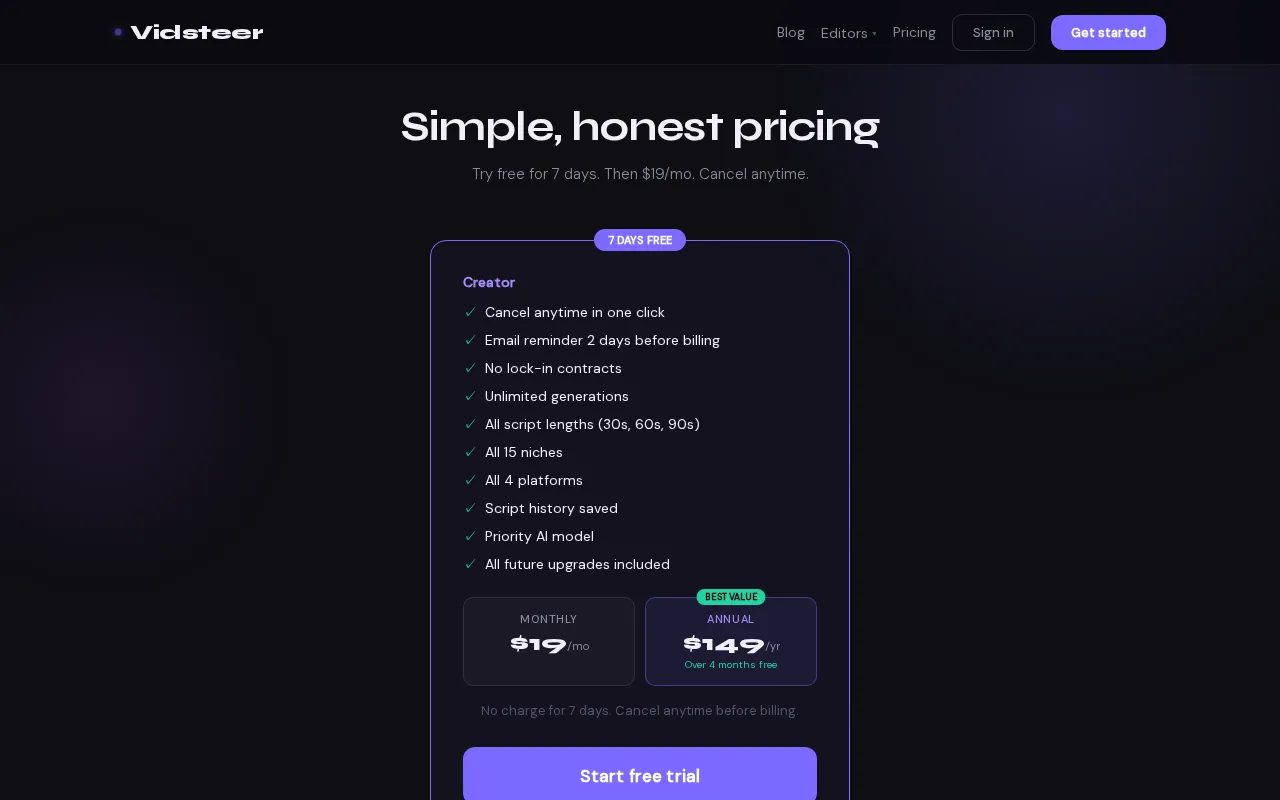 Vidsteer — pricing page