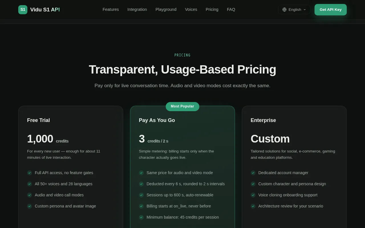 ViduS1 API — pricing page