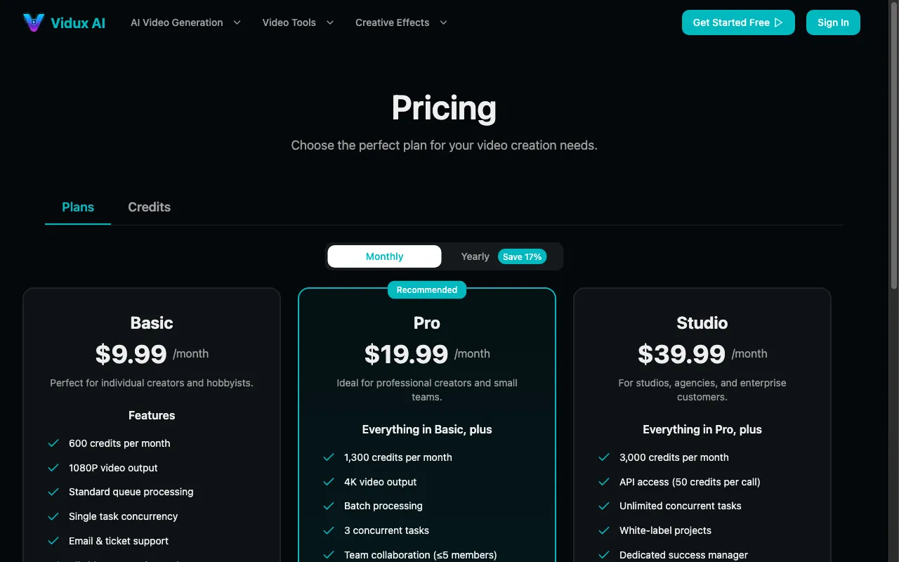 Vidux AI — pricing page
