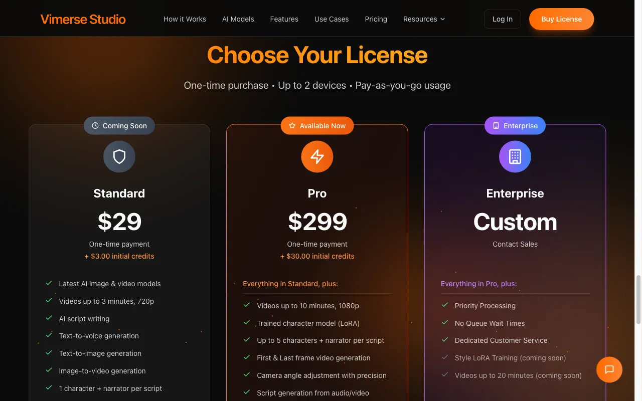 Vimerse Studio — pricing page