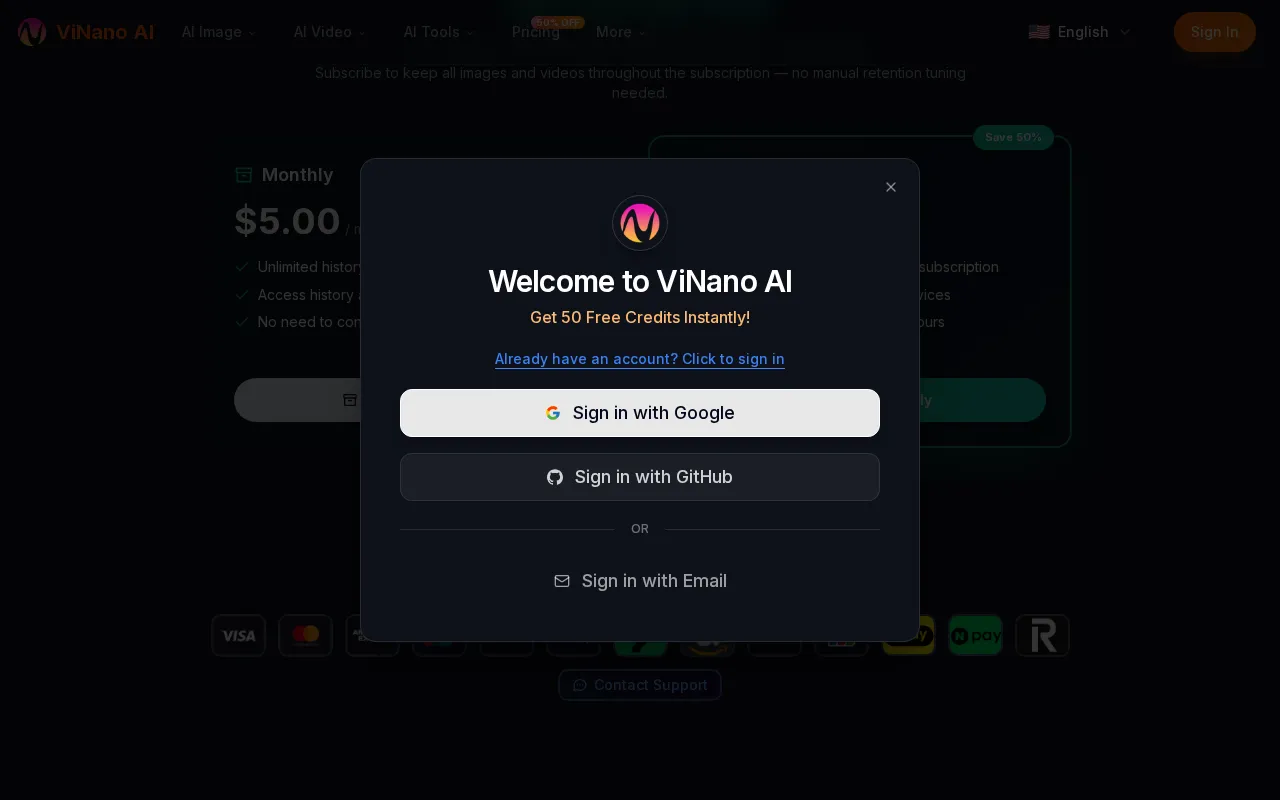 ViNano AI — pricing page