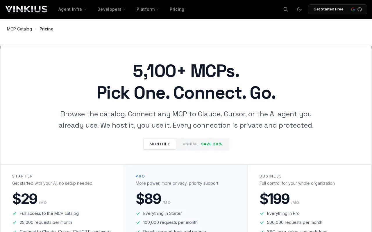 Vinkius MCP Infrastructure — pricing page