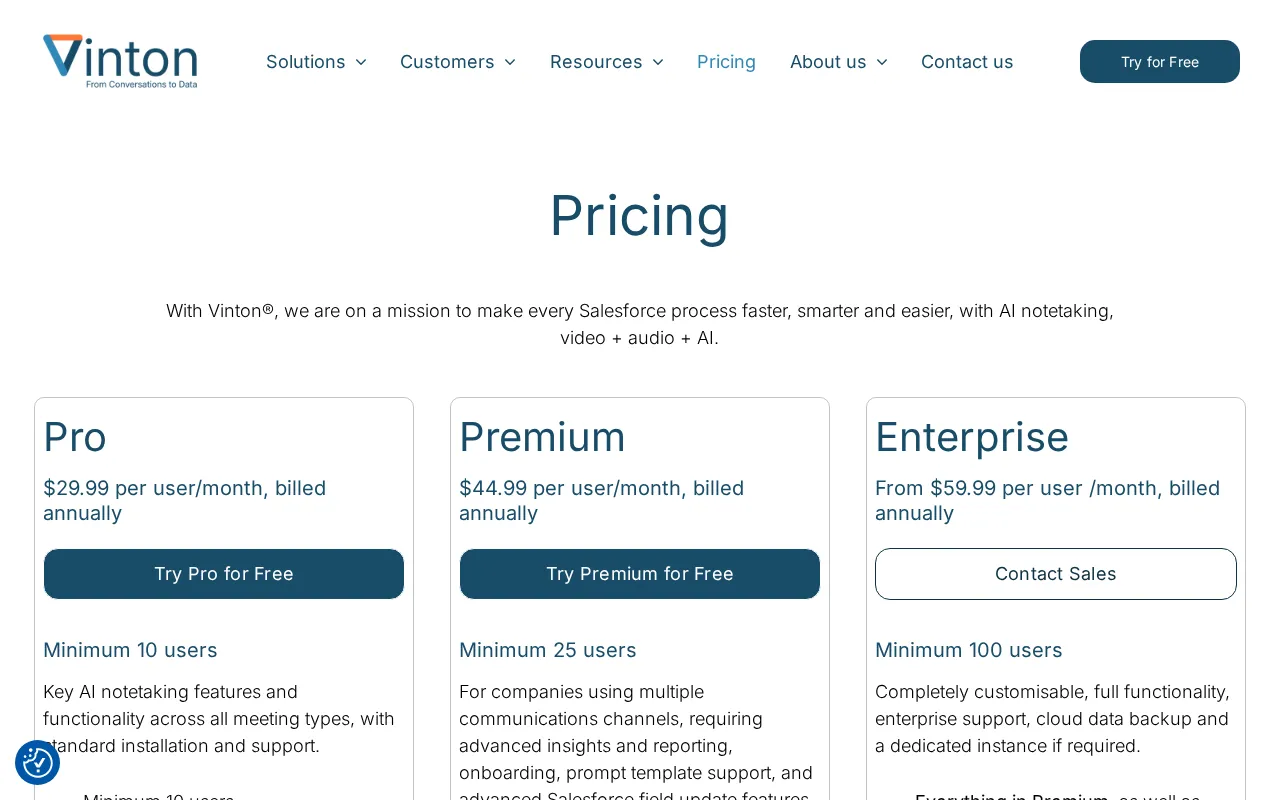Vinton AI Notetaker — pricing page