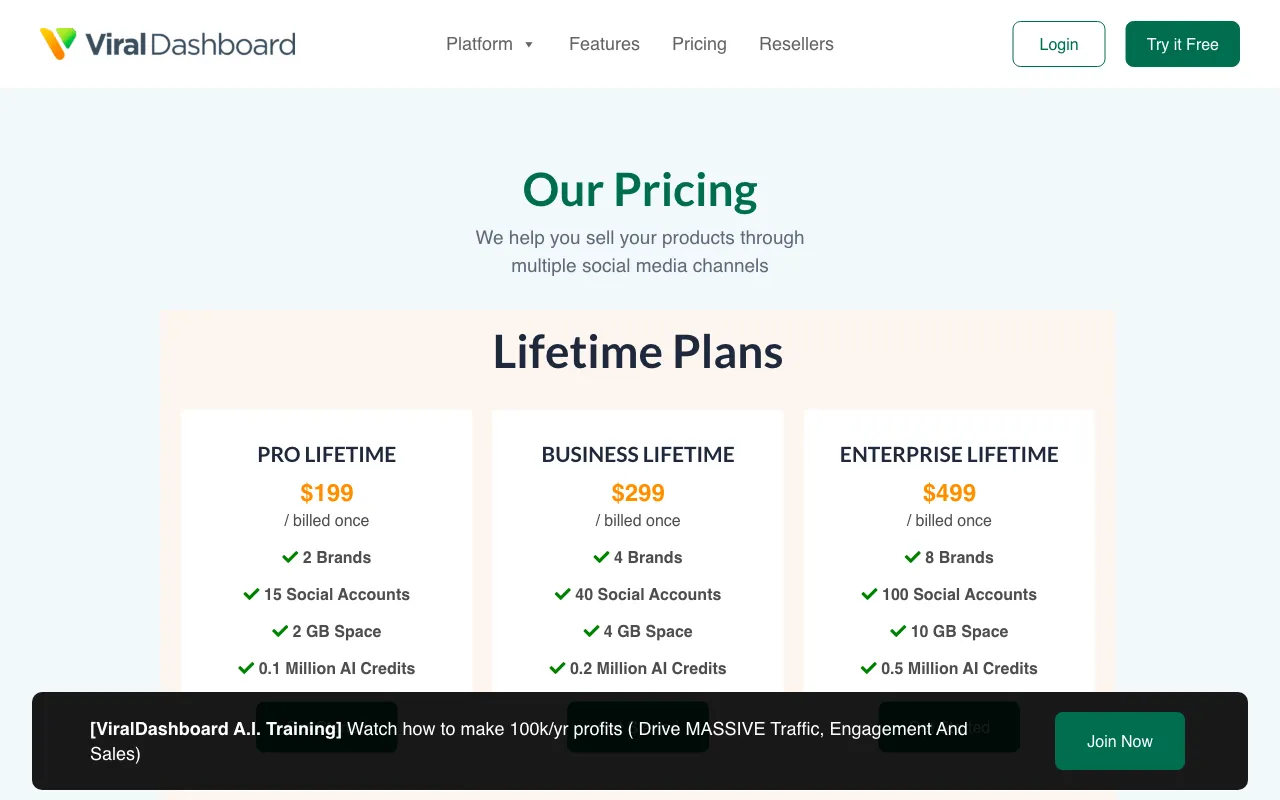 ViralDashboard — pricing page