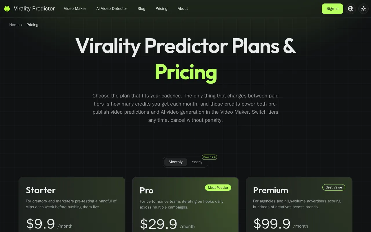 Virality Predictor — pricing page