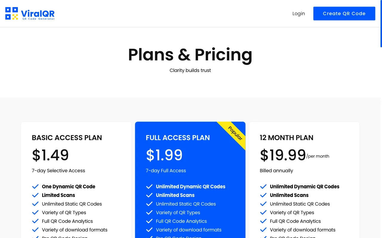 ViralQR — pricing page