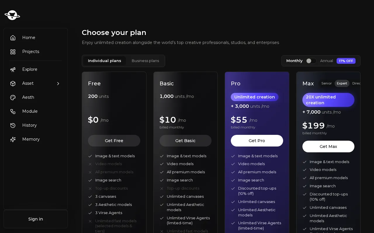 Virse AI — pricing page
