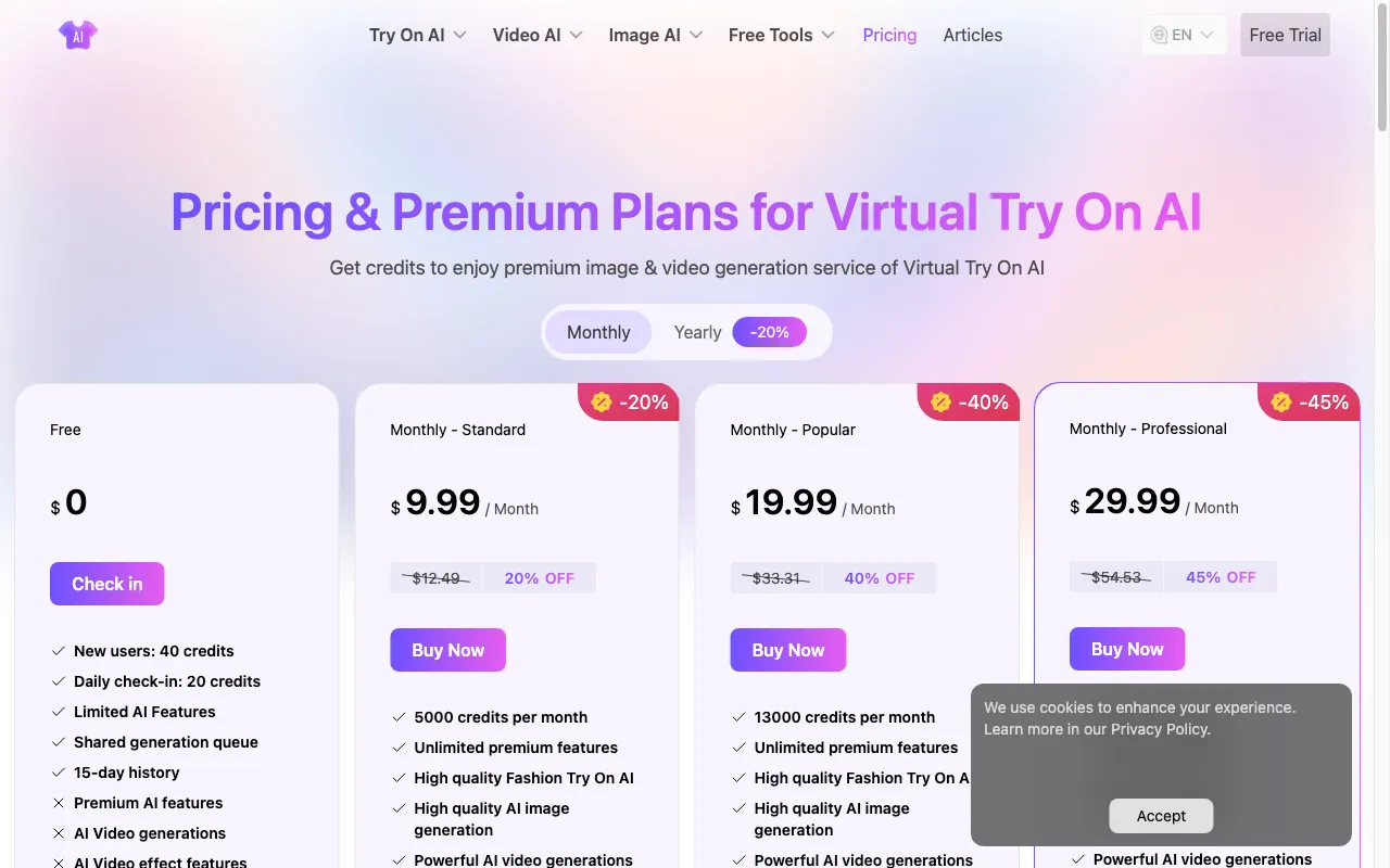 Virtual Try On AI — pricing page