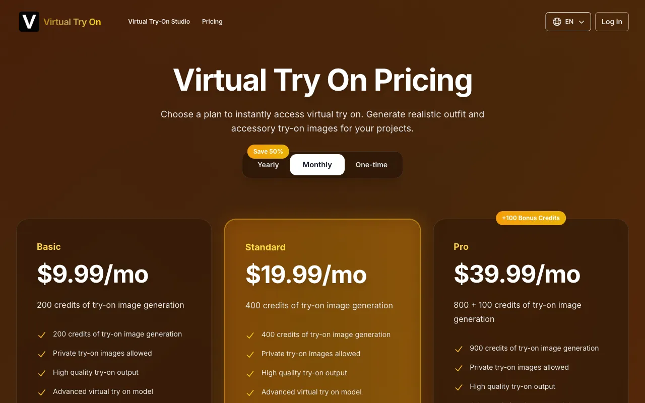 Virtual Try On — pricing page