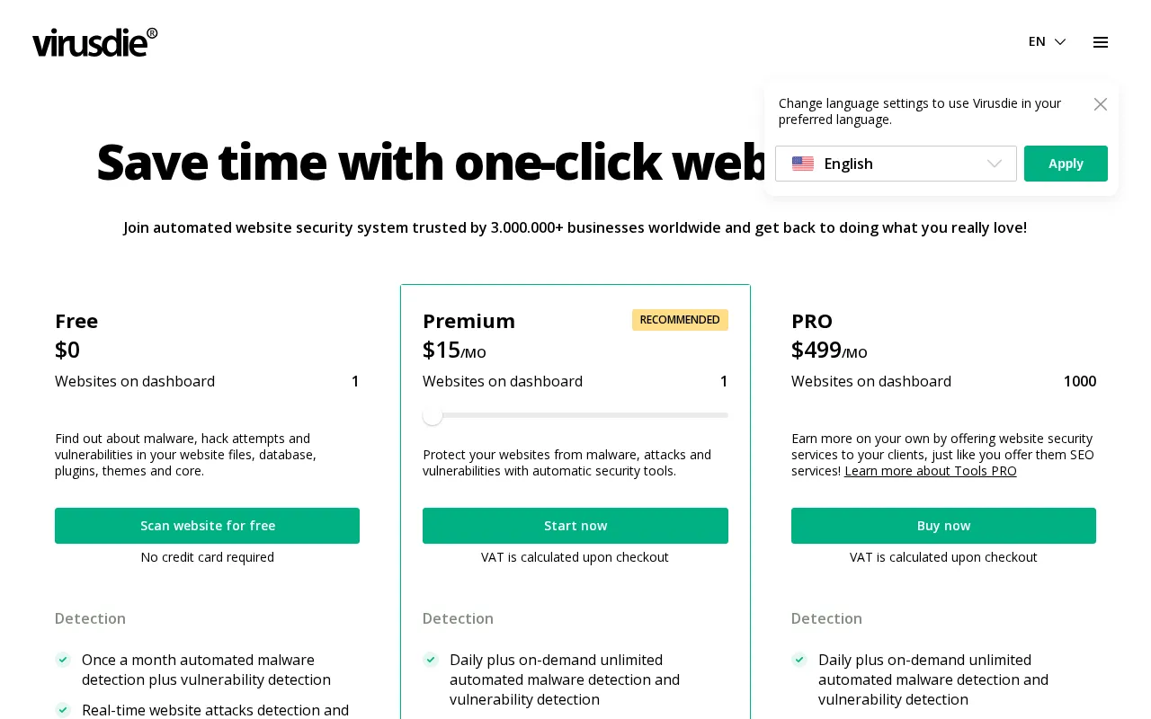 Virusdie — pricing page