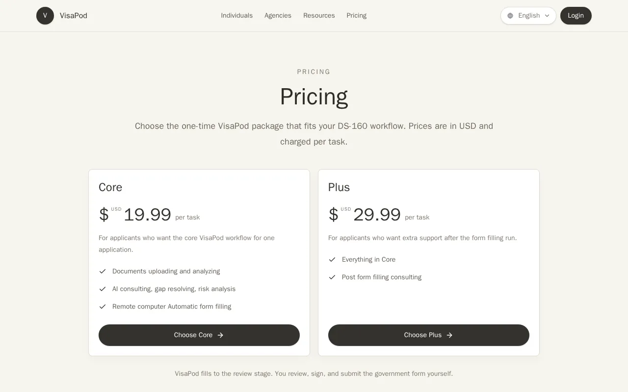 VisaPod — pricing page