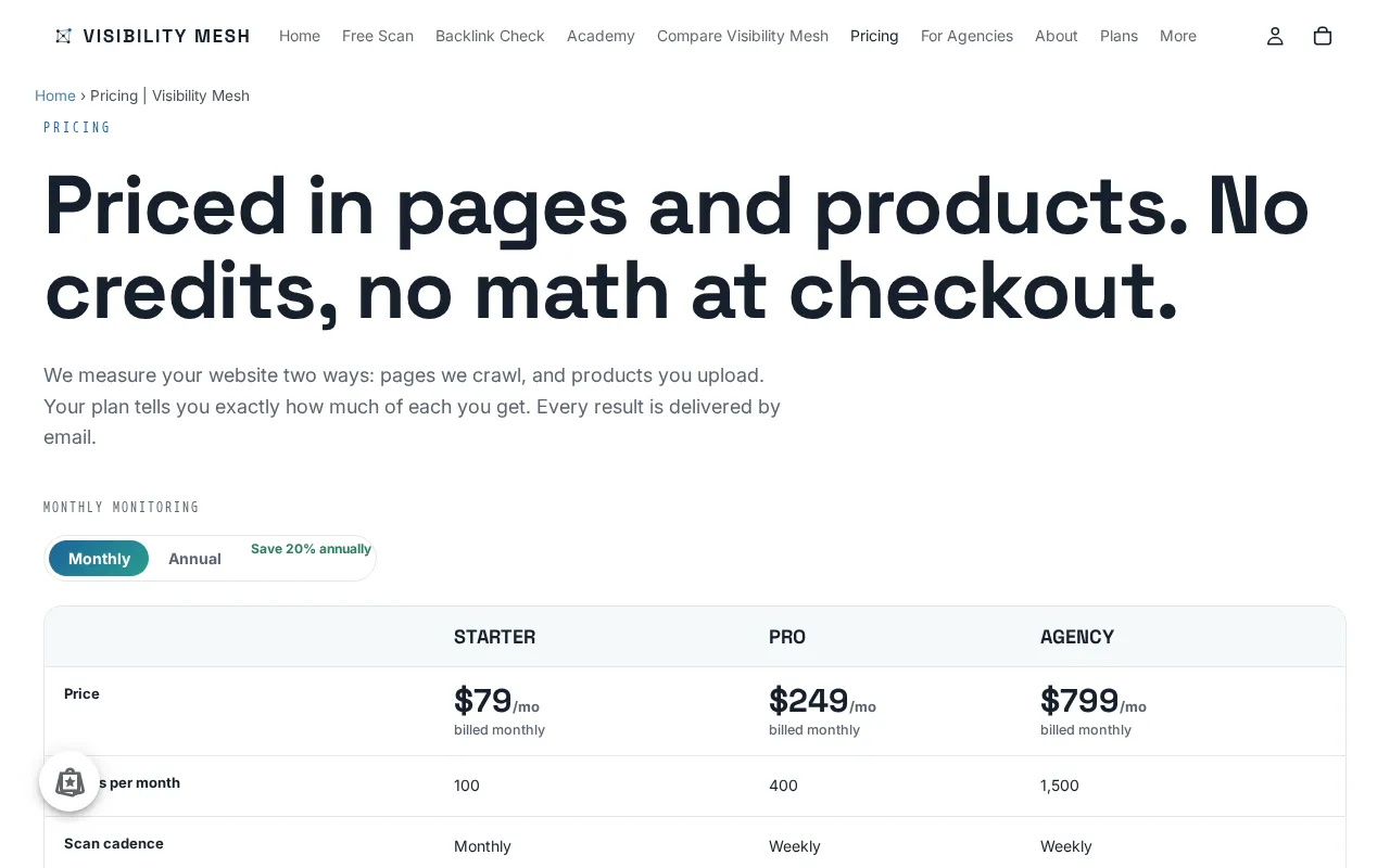 Visibility Mesh — pricing page