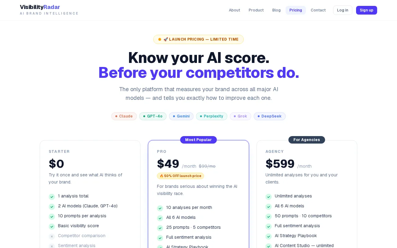 VisibilityRadar — pricing page