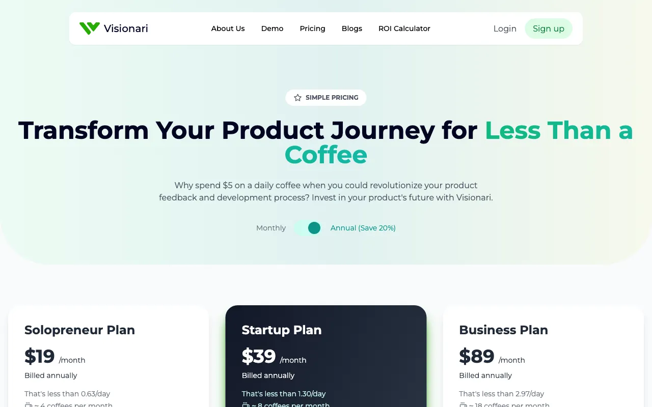 Visionari — pricing page