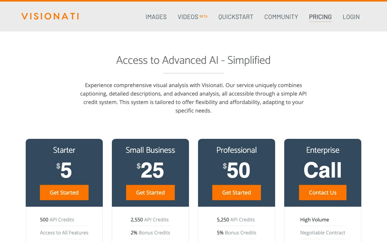 Visionati — pricing page