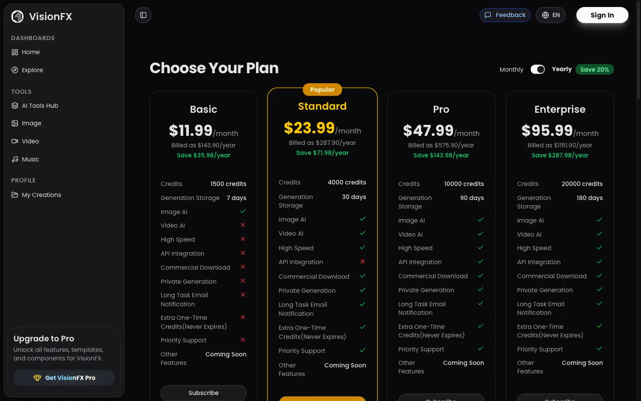 VisionFX — pricing page