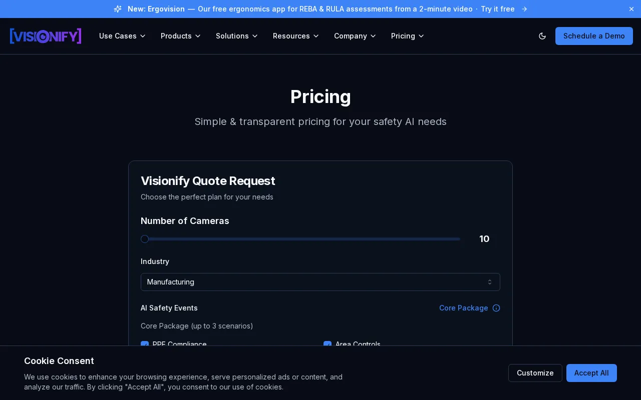 Visionify Factory Vision Solutions — pricing page