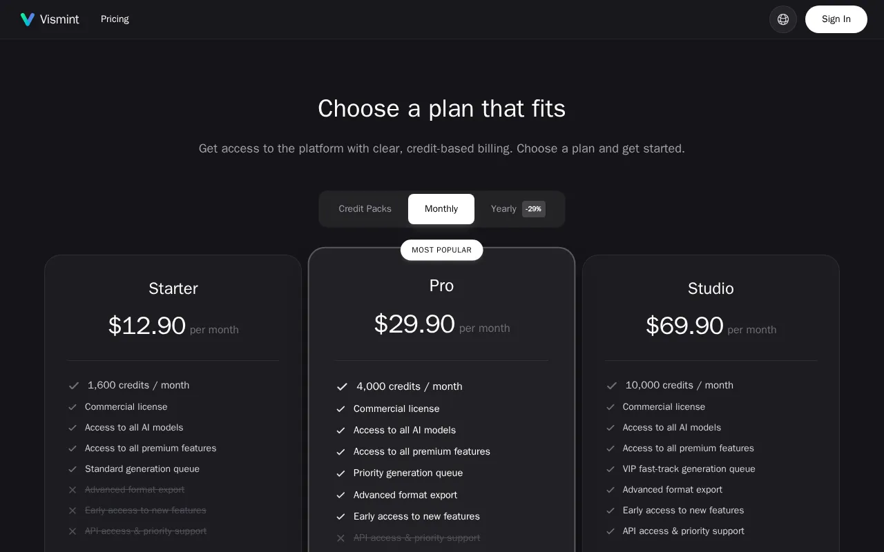 Vismint — pricing page