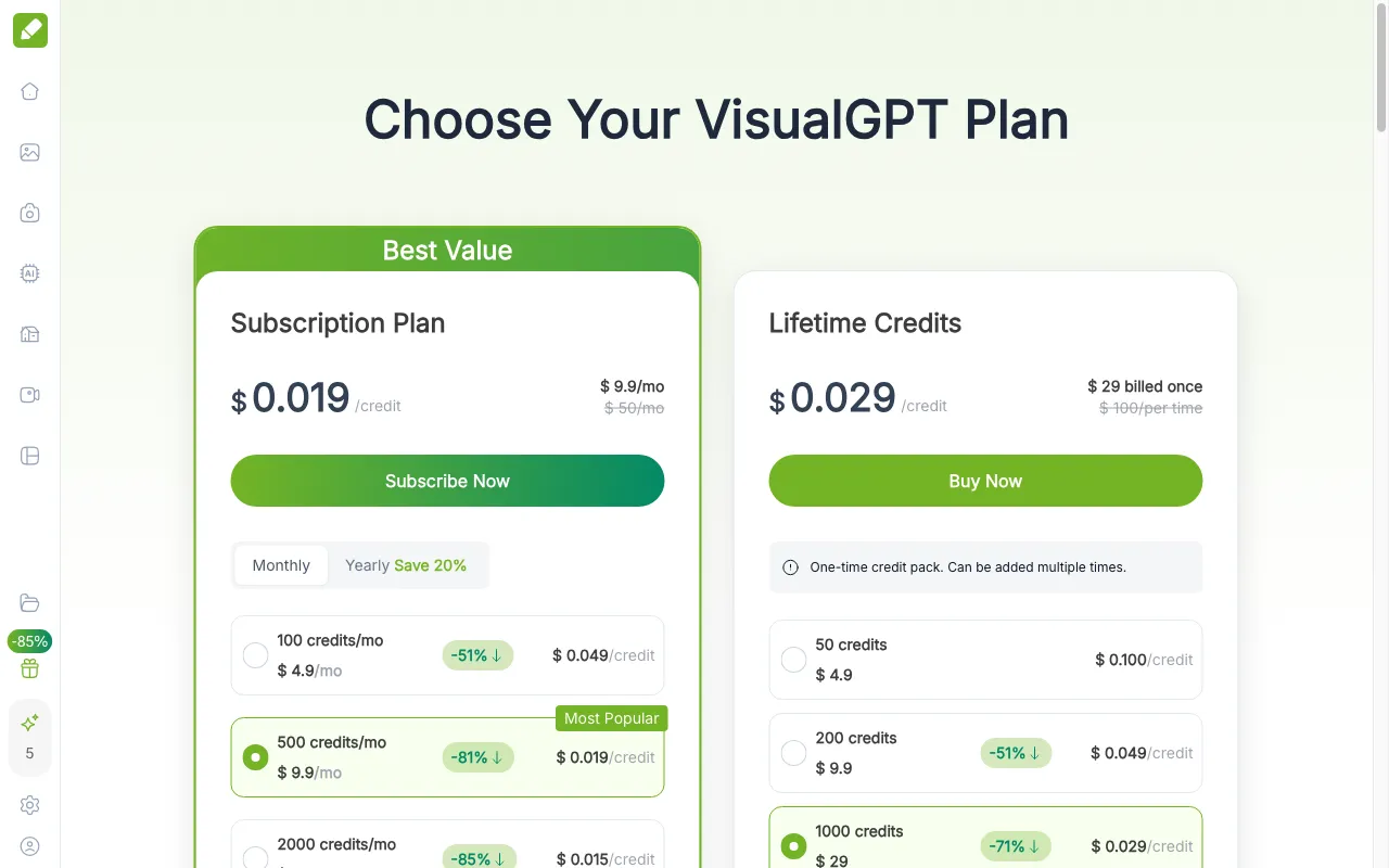 VisualGPT — pricing page