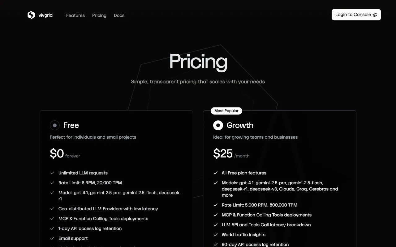Vivgrid — pricing page