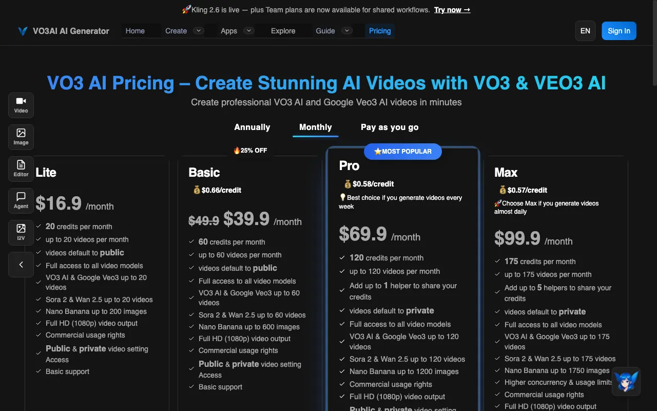 VO3 AI — pricing page