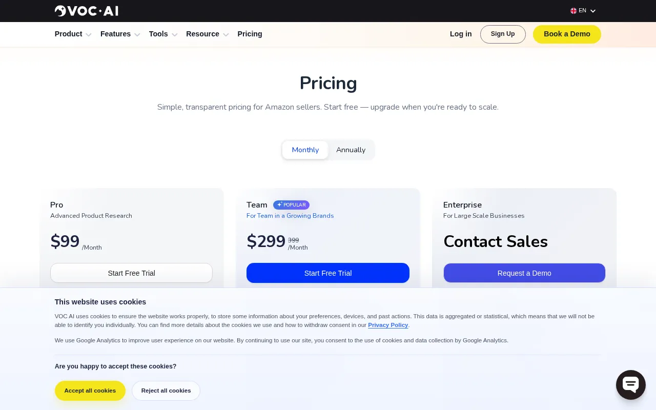VocAI Chatbot — pricing page