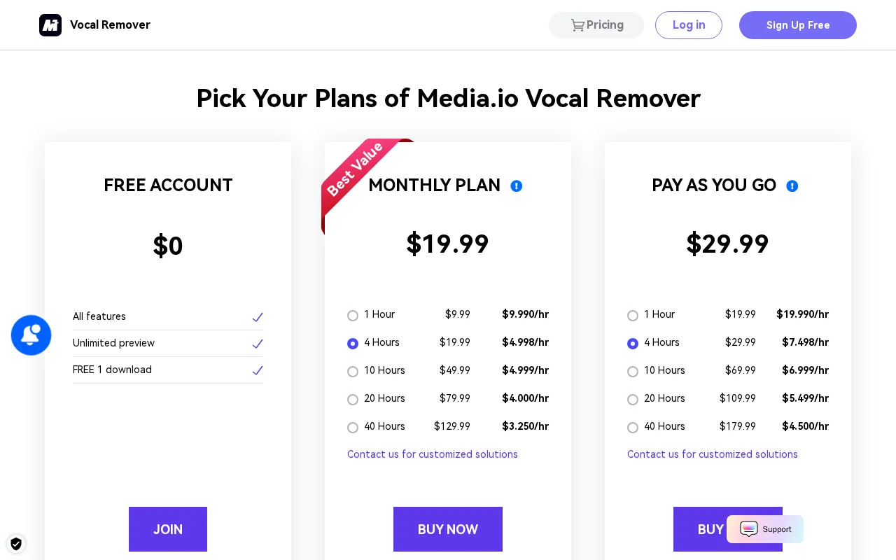 Vocal Remover by Media.io — pricing page