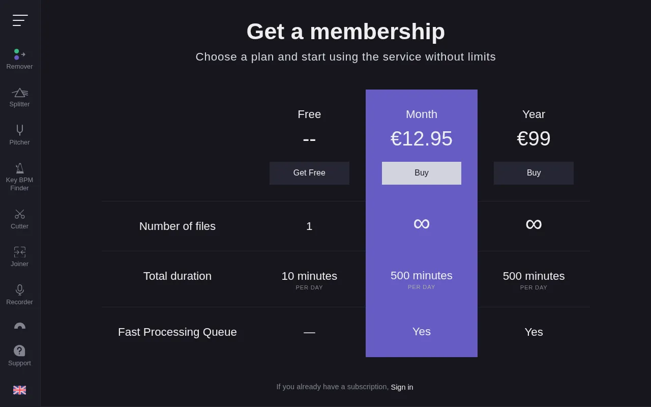 vocalremover.org — pricing page