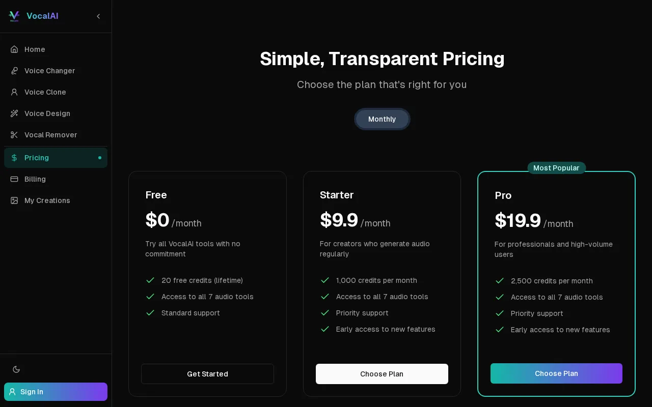 VocalAI — pricing page